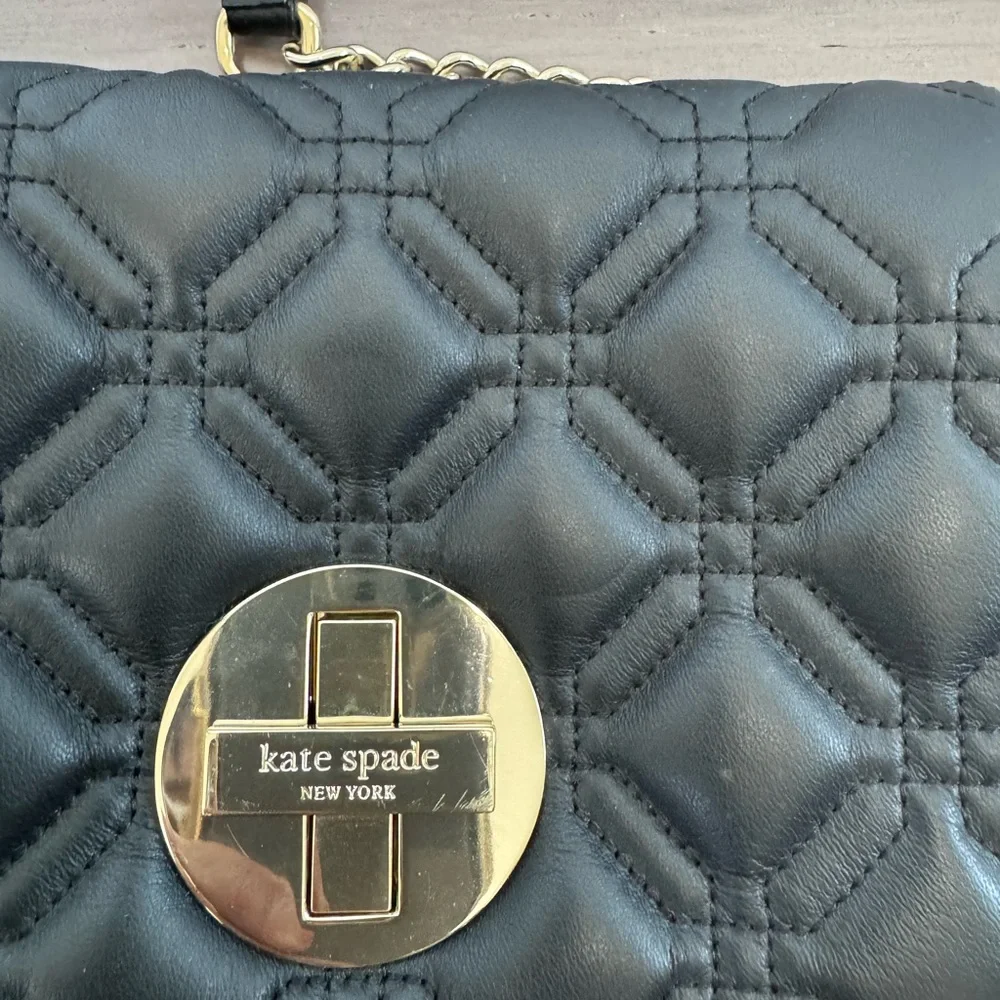 Kate Spade Y2K black cow leather mini crossbody quilted gold chain handbag